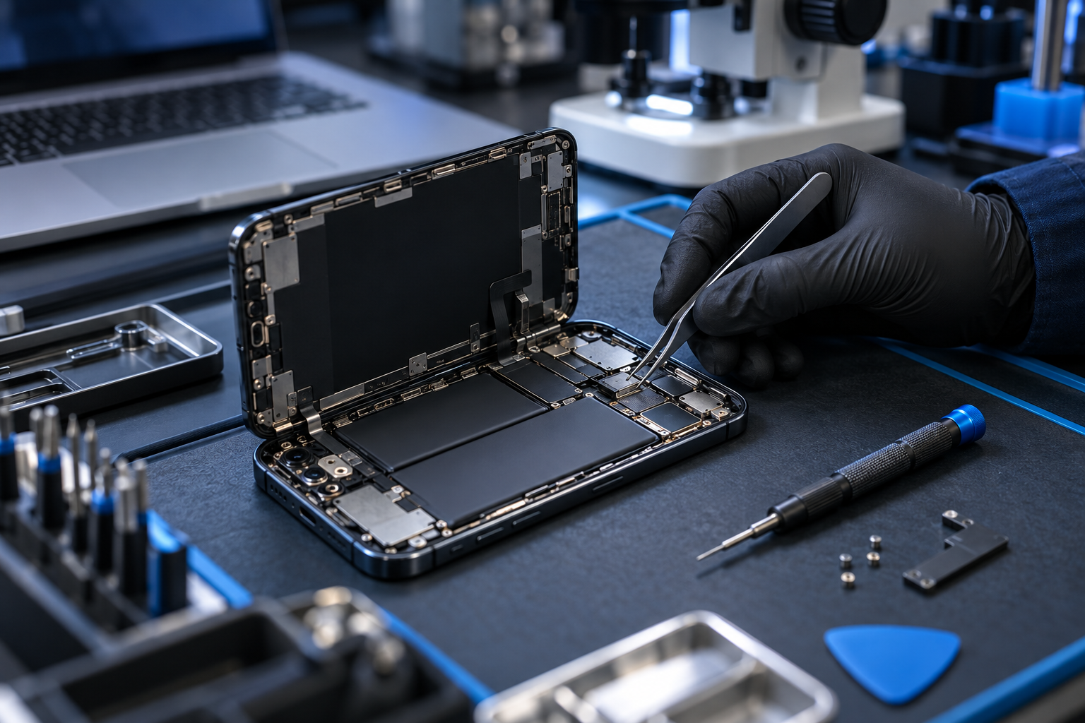 Illustrazione fotografica di un intervento tecnico su smartphone