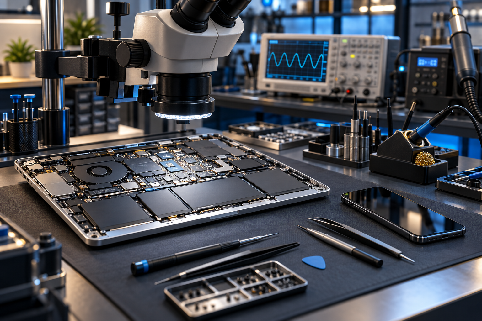 Illustrazione fotografica di un laboratorio di riparazione elettronica
